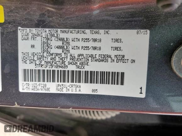 ✅ 2015 Toyota Tundra SR • VIN: 5TFRM5F15FX094689 • Lot: 65120135. Listed on Copart with 115,542 mi. Free auction sales archive from the USA and detailed vehicle history report at DreamBid. Image 12.