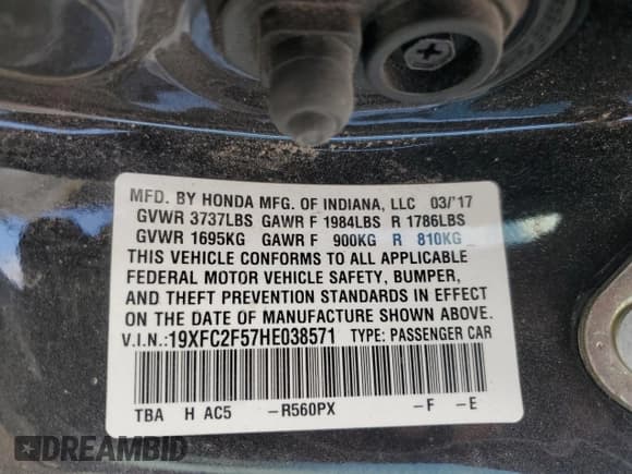 ✅ 2017 Honda Civic LX • VIN: 19XFC2F57HE038571 • Lot: 82416935. Wystawiony na Copart z przebiegiem 66 609 mil. Bezpłatny archiwum sprzedaży aukcyjnych z USA i szczegółowy raport historii pojazdu na DreamBid. Zdjęcie 13.