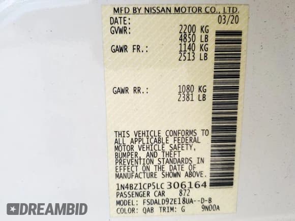 ✅ 2020 Nissan LEAF SV Plus • VIN: 1N4BZ1CP5LC306164 • Lot: 59306515. Listed on Copart with 57,581 mi. Free auction sales archive from the USA and detailed vehicle history report at DreamBid. Image 12.