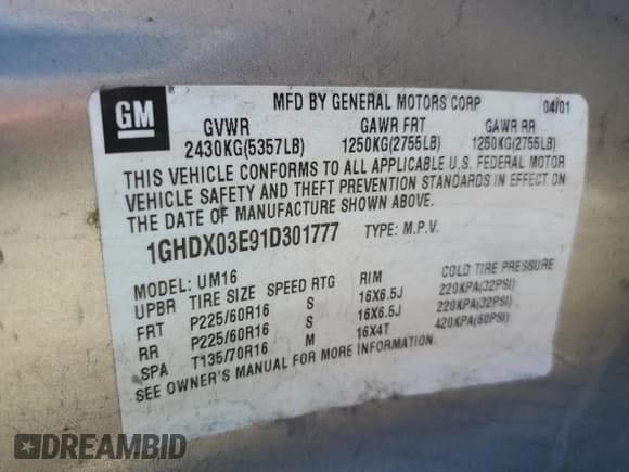 ✅ 2001 Oldsmobile Silhouette GL • VIN: 1GHDX03E91D301777 • Lot: 79747084. Listed on Copart with 261,403 mi. Free auction sales archive from the USA and detailed vehicle history report at DreamBid. Image 13.