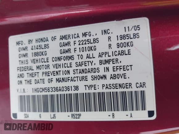 ✅ 2006 Honda Accord LX SE • VIN: 1HGCM56336A036138 • Lot: 43808298. Wystawiony na IAAI z przebiegiem 200 148 mil. Bezpłatny archiwum sprzedaży aukcyjnych z USA i szczegółowy raport historii pojazdu na DreamBid. Zdjęcie 9.