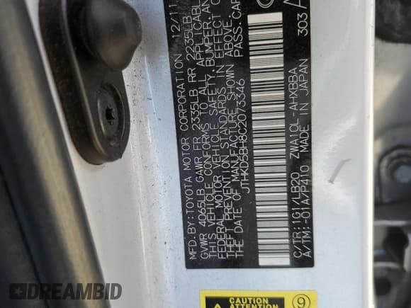 ✅ 2012 Lexus CT 200h • VIN: JTHKD5BH8C2073346 • Lot: 69296935. Listed on Copart with 243,824 mi. Free auction sales archive from the USA and detailed vehicle history report at DreamBid. Image 12.