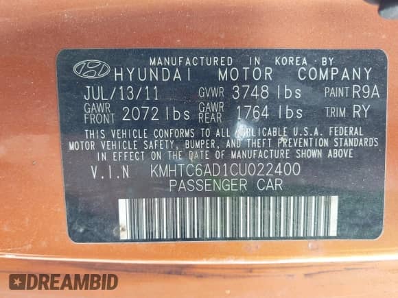 2012 Hyundai Veloster w/Red Int with VIN KMHTC6AD1CU022400, listed as a IAAI auction lot 43233734 with 203,900 mi miles and . Bid and sale history available at DreamBid. Image 9.