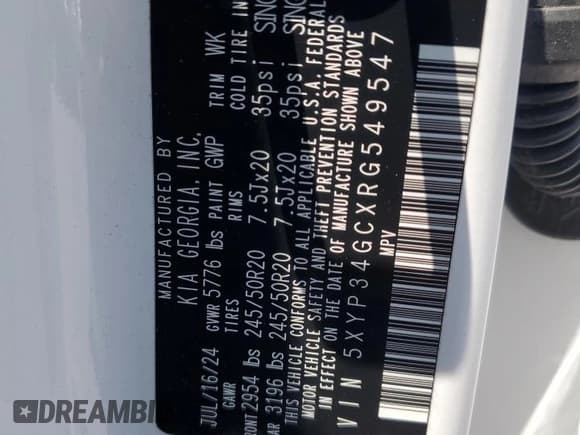 ✅ 2024 Kia Telluride EX • VIN: 5XYP34GCXRG549547 • Lot: 57787375. Listed on Copart with 17,569 mi. Free auction sales archive from the USA and detailed vehicle history report at DreamBid. Image 13.