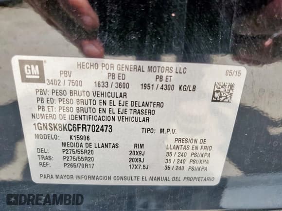 ✅ 2015 Chevrolet Suburban • VIN: 1GNSK8KC6FR702473 • Lot: 58042995. Listed on Copart with 170,513 mi. Free auction sales archive from the USA and detailed vehicle history report at DreamBid. Image 14.