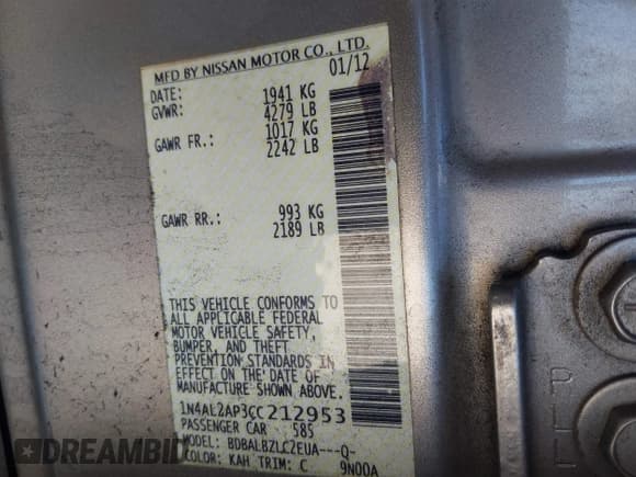 ✅ 2012 Nissan Altima S • VIN: 1N4AL2AP3CC212953 • Лот: 43447361. Опубликован ранее на IAAI с пробегом 170 677 миль. Бесплатный доступ к архиву аукционных продаж из США и подробный отчёт об истории автомобиля на DreamBid. Изображение 9.