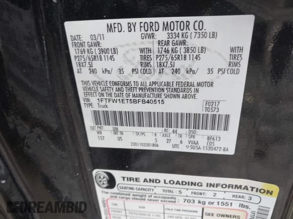 ✅ 2011 Ford F-150 Lariat • VIN: 1FTFW1ET5BFB40515 • Lot: 43870163. Listed on IAAI with 223,241 mi. Free auction sales archive from the USA and detailed vehicle history report at DreamBid. Image 9.