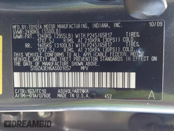 ✅ 2010 Toyota Highlander • VIN: 5TDZA3EH6AS001057 • Lot: 43387245. Listed on IAAI with 204,130 mi. Free auction sales archive from the USA and detailed vehicle history report at DreamBid. Image 9.