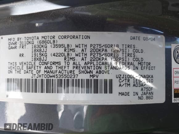 ✅ 2005 Lexus LX 470 • VIN: JTJHT00W453550237 • Лот: 41903588. Опубликован ранее на IAAI с пробегом 118 314 миль. Бесплатный доступ к архиву аукционных продаж из США и подробный отчёт об истории автомобиля на DreamBid. Изображение 9.