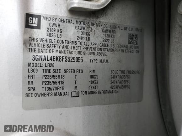 ✅ 2015 Chevrolet Captiva Sport LTZ • VIN: 3GNAL4EK8FS529055 • Лот: 55676765. Опубликован ранее на Copart с пробегом 155 340 миль. Бесплатный доступ к архиву аукционных продаж из США и подробный отчёт об истории автомобиля на DreamBid. Изображение 14.