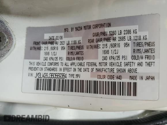 ✅ 2006 Mazda MPV LX • VIN: JM3LW28J360569364 • Lot: 85506855. Listed on Copart with 229,726 mi. Free auction sales archive from the USA and detailed vehicle history report at DreamBid. Image 14.