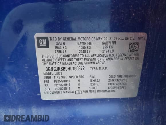 2017 Chevrolet Trax LS с VIN 3GNCJKSB9HL156872, выставлен на аукционе IAAI как лот 43070919 с пробегом 72 489 миль миль и . История ставок и продаж доступна на DreamBid. Изображение 9.