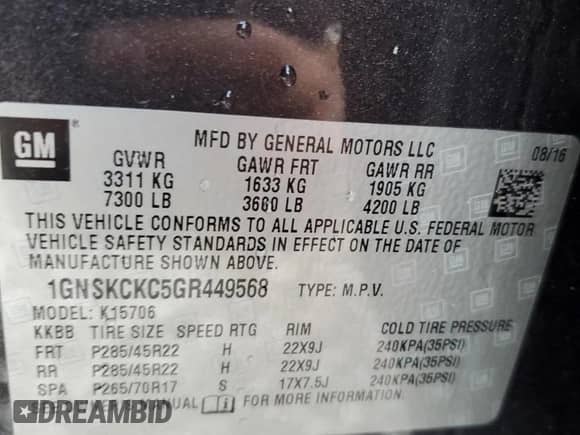 2016 Chevrolet Tahoe LTZ с VIN 1GNSKCKC5GR449568, выставлен на аукционе Copart как лот 83887975 с пробегом Не указан миль и Списание • Salvage title. История ставок и продаж доступна на DreamBid. Изображение 13.