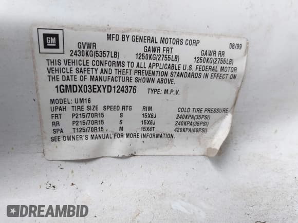 ✅ 2000 Pontiac Montana • VIN: 1GMDX03EXYD124376 • Lot: 40963275. Wystawiony na IAAI z przebiegiem 208 380 mil. Bezpłatny archiwum sprzedaży aukcyjnych z USA i szczegółowy raport historii pojazdu na DreamBid. Zdjęcie 9.