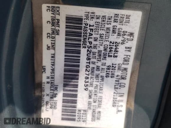 ✅ 1996 Ford Taurus GL • VIN: 1FALP52U8TG278359 • Lot: 83965335. Wystawiony na Copart z przebiegiem 186 708 mil. Bezpłatny archiwum sprzedaży aukcyjnych z USA i szczegółowy raport historii pojazdu na DreamBid. Zdjęcie 13.