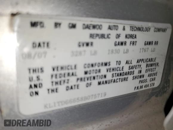 ✅ 2008 Chevrolet Aveo LS • VIN: KL1TD66658B075719 • Lot: 49872915. Wystawiony na Copart z przebiegiem 121 042 mil. Bezpłatny archiwum sprzedaży aukcyjnych z USA i szczegółowy raport historii pojazdu na DreamBid. Zdjęcie 12.