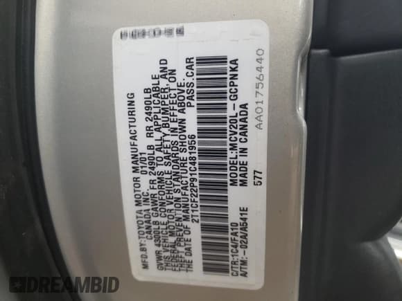 ✅ 2001 Toyota Solara SE • VIN: 2T1CF22P91C481956 • Lot: 77325353. Listed on Copart with 176,271 mi. Free auction sales archive from the USA and detailed vehicle history report at DreamBid. Image 12.