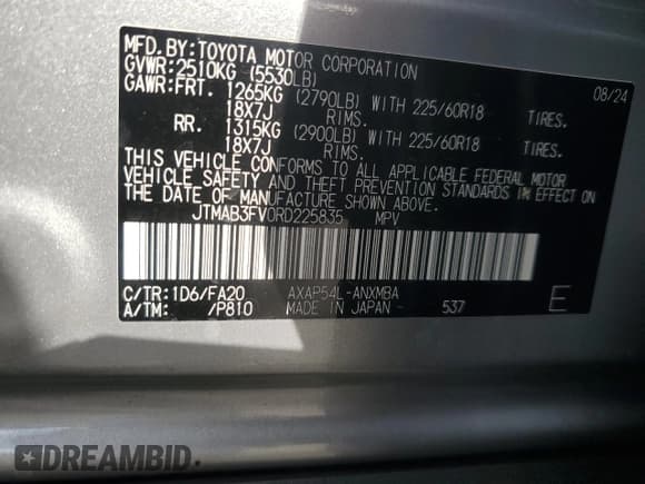 ✅ 2024 Toyota RAV4 SE • VIN: JTMAB3FV0RD225835 • Лот: 84649525. Опубликован ранее на Copart с пробегом 4 622 миль. Бесплатный доступ к архиву аукционных продаж из США и подробный отчёт об истории автомобиля на DreamBid. Изображение 13.