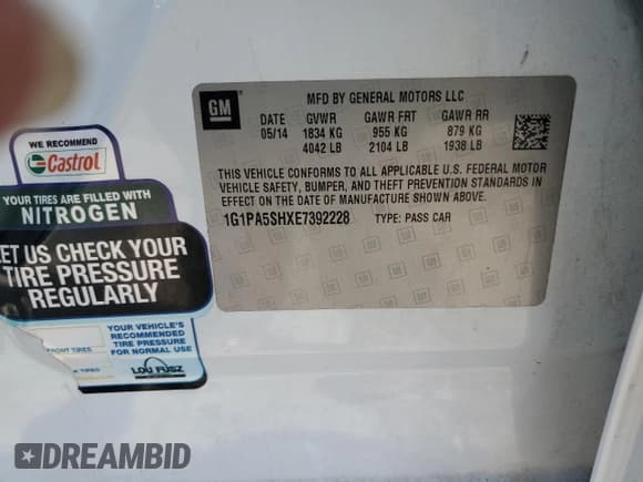 ✅ 2014 Chevrolet Cruze LS • VIN: 1G1PA5SHXE7392228 • Lot: 81957105. Listed on Copart with 105,161 mi. Free auction sales archive from the USA and detailed vehicle history report at DreamBid. Image 12.