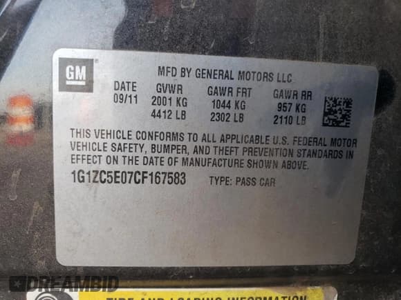 ✅ 2012 Chevrolet Malibu 1LT • VIN: 1G1ZC5E07CF167583 • Lot: 77948914. Listed on Copart with 189,549 mi. Free auction sales archive from the USA and detailed vehicle history report at DreamBid. Image 12.