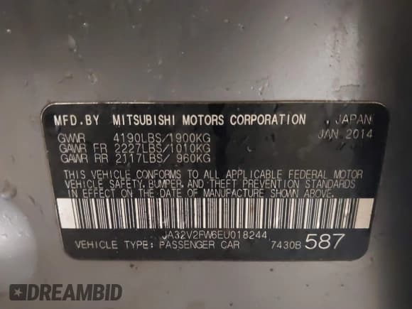 ✅ 2014 Mitsubishi Lancer SE • VIN: JA32V2FW6EU018244 • Lot: 41395111. Listed on IAAI with 160,169 mi. Free auction sales archive from the USA and detailed vehicle history report at DreamBid. Image 9.