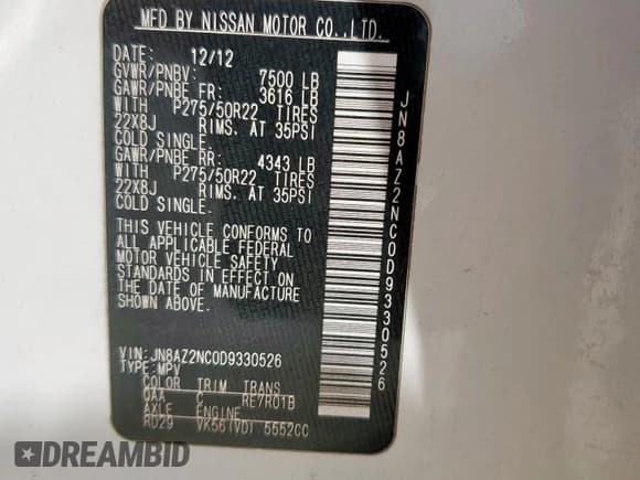 ✅ 2013 Infiniti QX56 • VIN: JN8AZ2NC0D9330526 • Лот: 62455915. Опубликован ранее на Copart с пробегом 191 378 миль. Бесплатный доступ к архиву аукционных продаж из США и подробный отчёт об истории автомобиля на DreamBid. Изображение 13.