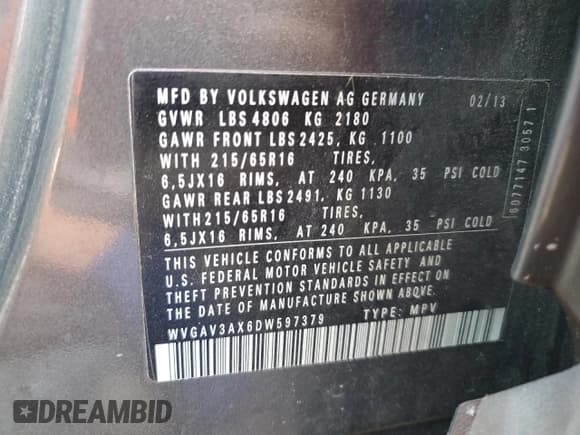 ✅ 2013 Volkswagen Tiguan S • VIN: WVGAV3AX6DW597379 • Лот: 56386515. Опубликован ранее на Copart с пробегом 100 415 миль. Бесплатный доступ к архиву аукционных продаж из США и подробный отчёт об истории автомобиля на DreamBid. Изображение 14.