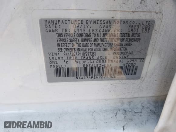 ✅ 2017 Nissan Sentra S • VIN: 3N1AB7AP1HY277361 • Lot: 43781461. Listed on IAAI with 110,428 mi. Free auction sales archive from the USA and detailed vehicle history report at DreamBid. Image 9.