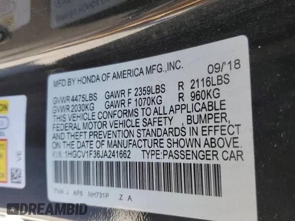 2018 Honda Accord Sport с VIN 1HGCV1F36JA241662, выставлен на аукционе Copart как лот 86208985 с пробегом 165 148 миль миль и Списание • Salvage title. История ставок и продаж доступна на DreamBid. Изображение 12.