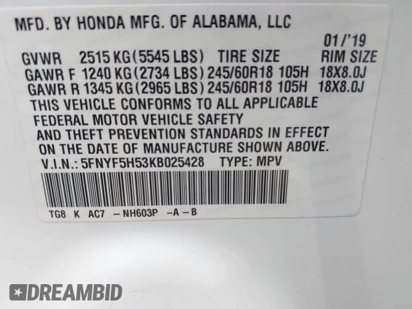 ✅ 2019 Honda Pilot EX-L • VIN: 5FNYF5H53KB025428 • Lot: 42232477. Listed on IAAI with 115,221 mi. Free auction sales archive from the USA and detailed vehicle history report at DreamBid. Image 9.