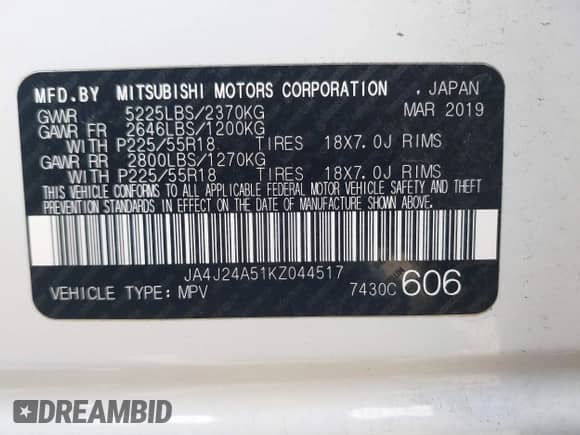 2019 Mitsubishi Outlander SEL with VIN JA4J24A51KZ044517, listed as a IAAI auction lot 41546023 with 170,639 mi miles and . Bid and sale history available at DreamBid. Image 9.