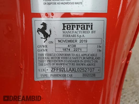 ✅ 2020 Ferrari F8 • VIN: ZFF92LLAXL0252707 • Lot: 43547204. Listed on Copart with 4,092 mi. Free auction sales archive from the USA and detailed vehicle history report at DreamBid. Image 13.