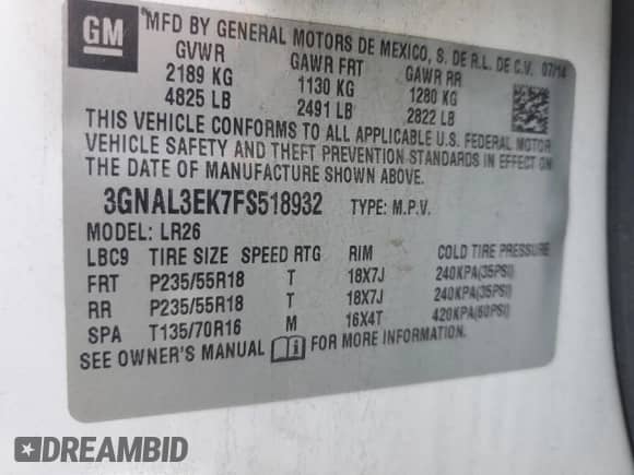 2015 Chevrolet Captiva Sport LT с VIN 3GNAL3EK7FS518932, выставлен на аукционе Copart как лот 83229244 с пробегом 134 398 миль миль и Списание • Salvage title. История ставок и продаж доступна на DreamBid. Изображение 13.