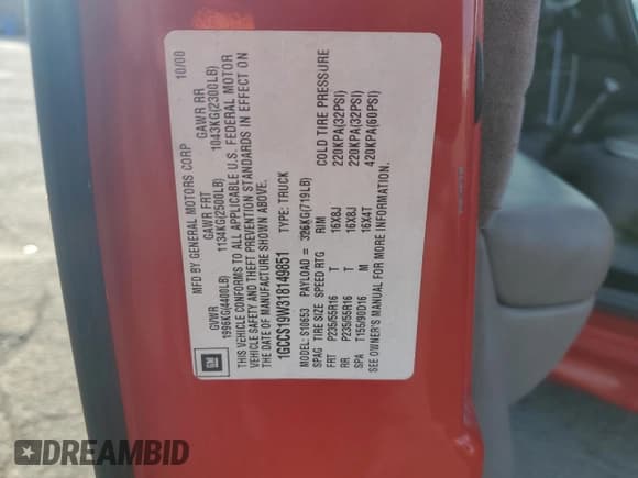 ✅ 2001 Chevrolet S-10 LS • VIN: 1GCCS19W318149851 • Lot: 45808875. Wystawiony na Copart z przebiegiem 160 218 mil. Bezpłatny archiwum sprzedaży aukcyjnych z USA i szczegółowy raport historii pojazdu na DreamBid. Zdjęcie 12.