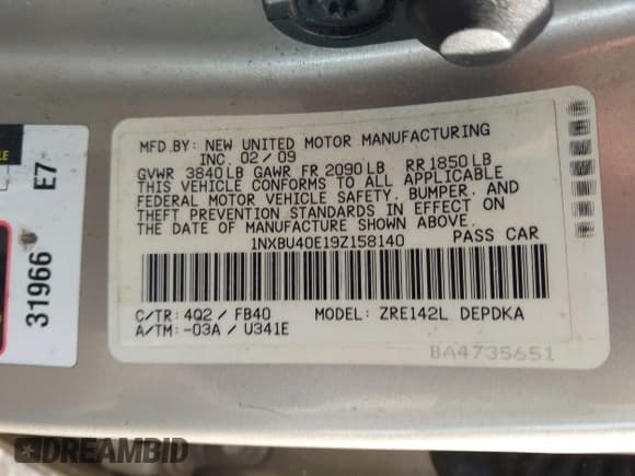 ✅ 2009 Toyota Corolla • VIN: 1NXBU40E19Z158140 • Lot: 43368272. Wystawiony na IAAI z przebiegiem 208 672 mil. Bezpłatny archiwum sprzedaży aukcyjnych z USA i szczegółowy raport historii pojazdu na DreamBid. Zdjęcie 9.