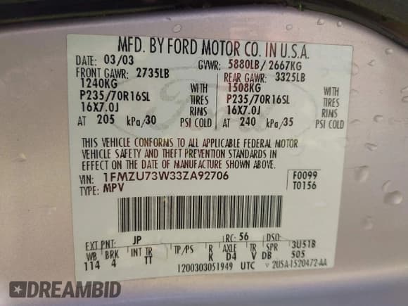 ✅ 2003 Ford Explorer XLT • VIN: 1FMZU73W33ZA92706 • Lot: 40225082. Listed on IAAI with 150,435 mi. Free auction sales archive from the USA and detailed vehicle history report at DreamBid. Image 9.