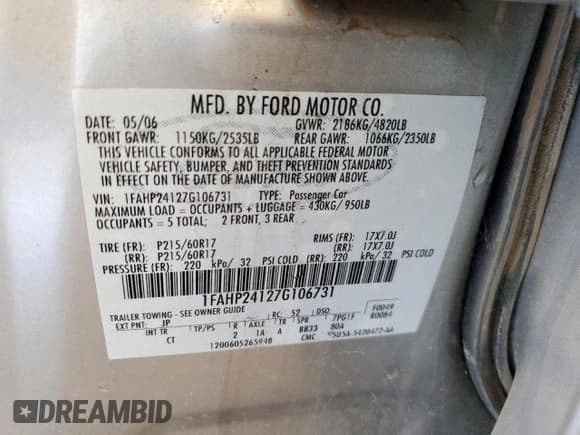 ✅ 2007 Ford Five Hundred SEL • VIN: 1FAHP24127G106731 • Lot: 89866465. Wystawiony na Copart z przebiegiem 83 865 mil. Bezpłatny archiwum sprzedaży aukcyjnych z USA i szczegółowy raport historii pojazdu na DreamBid. Zdjęcie 12.