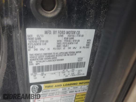 ✅ 2013 Ford Expedition Max XLT • VIN: 1FMJK1J55DEF55089 • Lot: 63569335. Listed on Copart with 152,730 mi. Free auction sales archive from the USA and detailed vehicle history report at DreamBid. Image 13.