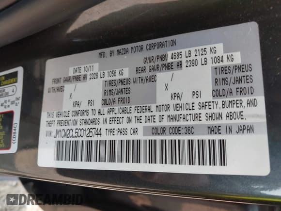 ✅ 2012 Mazda 5 Touring • VIN: JM1CW2CL5C0126744 • Lot: 42385667. Listed on IAAI with 140,150 mi. Free auction sales archive from the USA and detailed vehicle history report at DreamBid. Image 9.