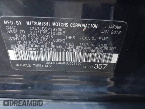 2018 Mitsubishi Outlander SE с VIN JA4AR3AW6JU001107, выставлен на аукционе IAAI как лот 43443761 с пробегом 143 296 миль миль и . История ставок и продаж доступна на DreamBid. Изображение 9.