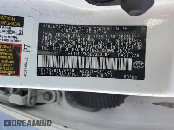 2014 Toyota Camry L with VIN 4T1BF1FK8EU383008, listed as a Copart auction lot 80763955 with 88,096 mi miles and Salvage title. Bid and sale history available at DreamBid. Image 13.