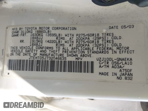 ✅ 2003 Toyota Land Cruiser • VIN: JTEHT05J732046635 • Lot: 42999962. Listed on IAAI with 263,143 mi. Free auction sales archive from the USA and detailed vehicle history report at DreamBid. Image 9.