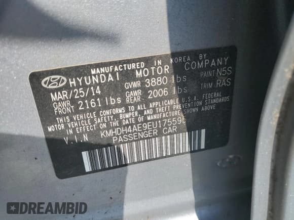 ✅ 2014 Hyundai Elantra SE • VIN: KMHDH4AE9EU175595 • Lot: 65555045. Listed on Copart with 128,580 mi. Free auction sales archive from the USA and detailed vehicle history report at DreamBid. Image 12.