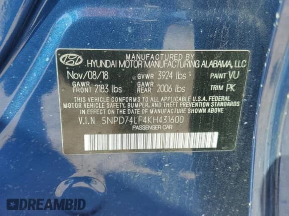 ✅ 2019 Hyundai Elantra SE • VIN: 5NPD74LF4KH431600 • Lot: 87474245. Listed on Copart with 26,521 mi. Free auction sales archive from the USA and detailed vehicle history report at DreamBid. Image 12.