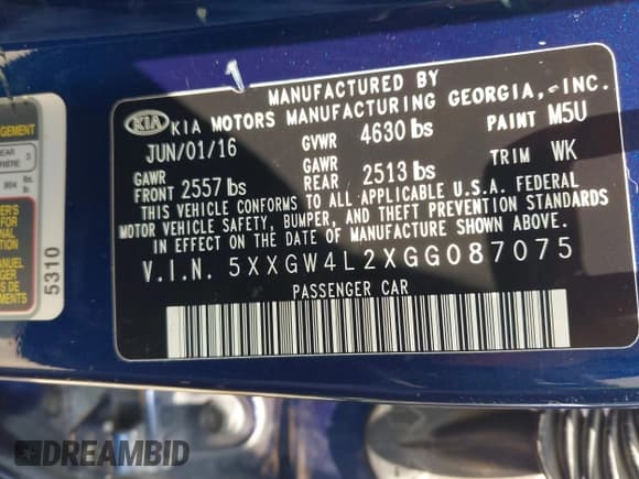 ✅ 2016 Kia Optima SX Turbo • VIN: 5XXGW4L2XGG087075 • Lot: 42371773. Listed on IAAI with 110,419 mi. Free auction sales archive from the USA and detailed vehicle history report at DreamBid. Image 9.