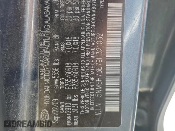 ✅ 2009 Hyundai Santa Fe Limited • VIN: 5NMSH73E79H321032 • Lot: 70683134. Listed on Copart with 251,831 mi. Free auction sales archive from the USA and detailed vehicle history report at DreamBid. Image 13.