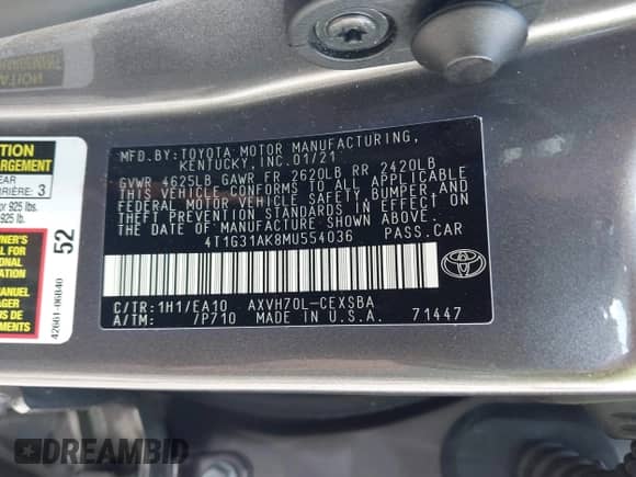 2021 Toyota Camry Hybrid SE с VIN 4T1G31AK8MU554036, выставлен на аукционе IAAI как лот 42032129 с пробегом 57 707 миль миль и . История ставок и продаж доступна на DreamBid. Изображение 9.
