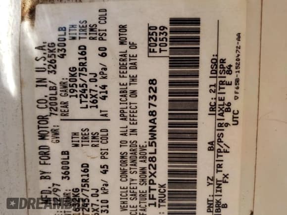 ✅ 1998 Ford F-250 • VIN: 1FTPX28L5WNA87328 • Lot: 53702875. Listed on Copart with 307,363 mi. Free auction sales archive from the USA and detailed vehicle history report at DreamBid. Image 12.