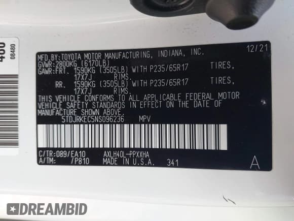 ✅ 2022 Toyota Sienna XLE • VIN: 5TDJRKEC5NS096236 • Lot: 43799283. Listed on IAAI with 63,482 mi. Free auction sales archive from the USA and detailed vehicle history report at DreamBid. Image 9.