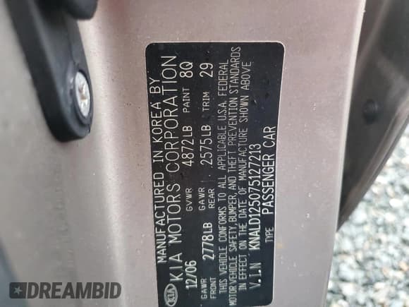 ✅ 2007 Kia Amanti • VIN: KNALD125075127213 • Lot: 74394214. Listed on Copart with Not provided. Free auction sales archive from the USA and detailed vehicle history report at DreamBid. Image 13.